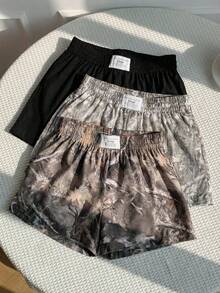 SHEIN EZwear 3件套女士休闲迷彩印花短裤套装，梭织面料，舒适日常穿着 - 彩色 - 查看 3