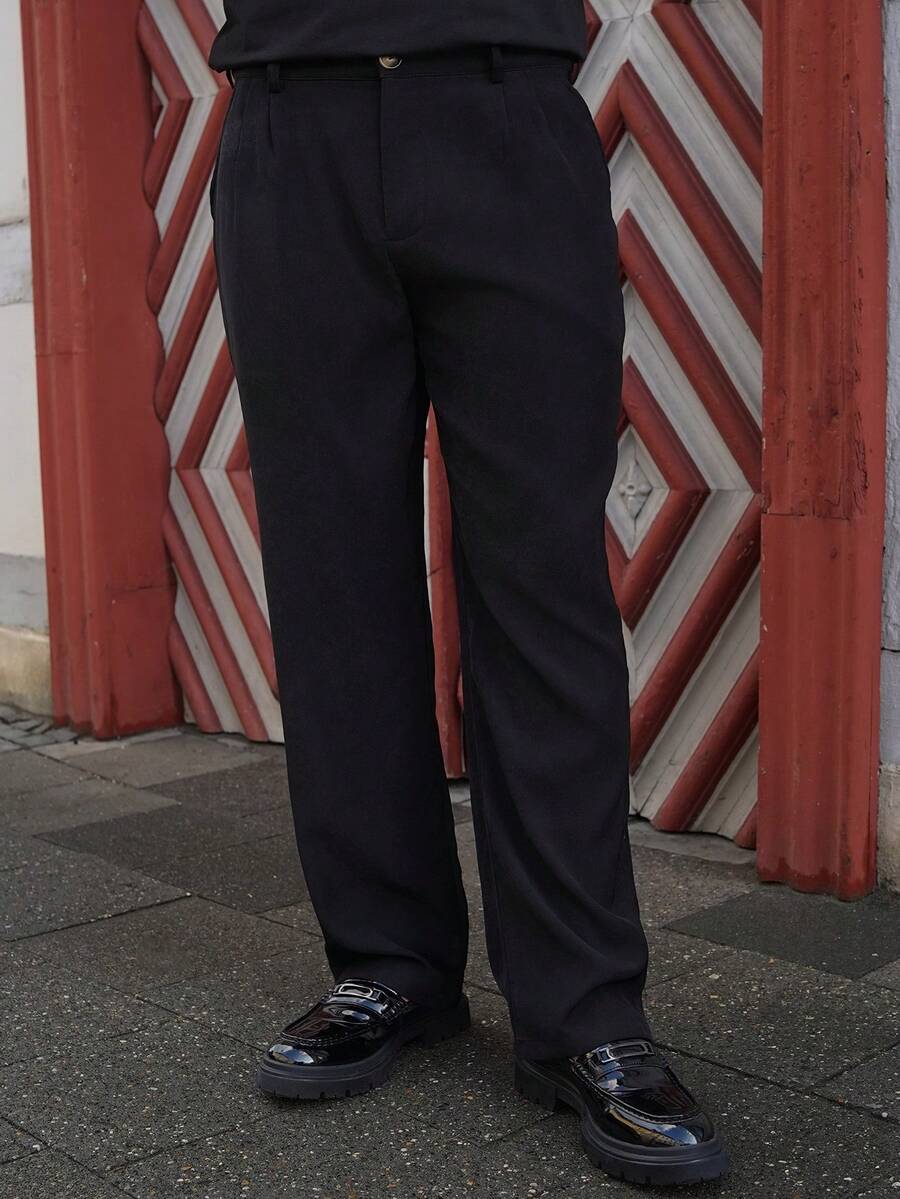 LEOGASHI LEOGASHI Men's Plain Color Crease Resistant Straight Leg Dress Pants - Black - View 1