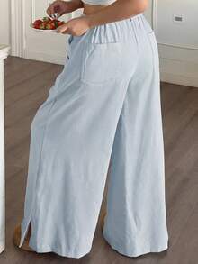 SHEIN PETITE CURVE Solid Color Casual Loose Comfortable Pants - Blue - View 2