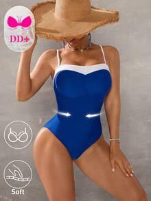 Swim DD+ 女士撞色褶皱时尚吊带连体泳衣 - 藍色 - 查看 4