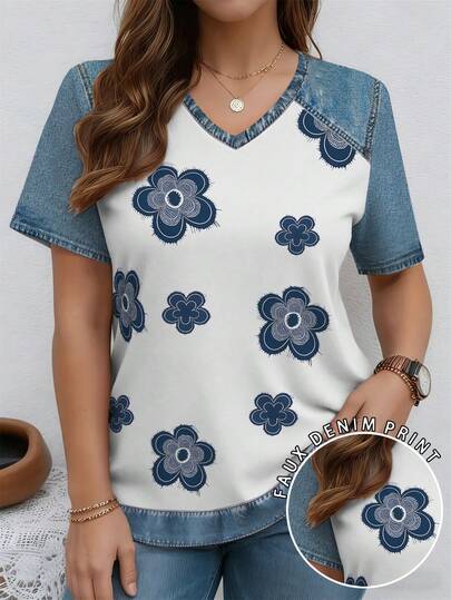 EMERY ROSE Patchwork Floral & Plant Pattern V-Neck Short Sleeve Casual Plus Size T-Shirt, Spring & Summer