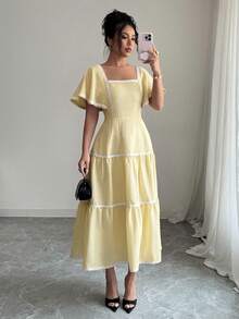 Rafferiza Women's Square Neck Petal Sleeve Textured French Style Vacation Wave Ruffle Hem Butter Yellow Elegant Dress - Light Yellow - View 6