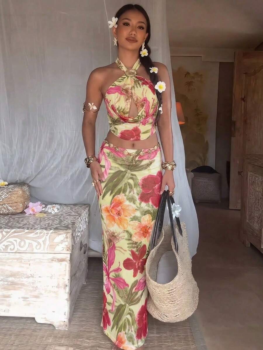 Aloruh 女士性感印花露背吊带上衣和半身裙两件套，度假装