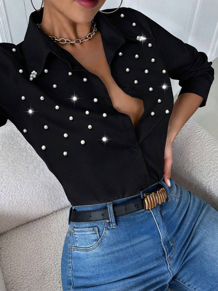 Airaco Blusa de mujer de manga larga ajustada con bolsillo y cuello casual en color blanco - Negro - Añade 3