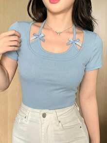 DAZY 女士夏季露背蝴蝶结装饰性感休闲修身短袖T恤 - 淺藍色 - 查看 4