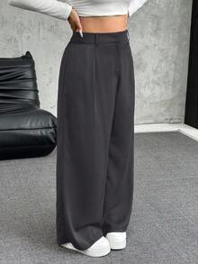 SHEIN EZwear Große Größen Lose Plissee Weite Bein Lässig Hose, Einfarbig Dunkelgrau, Herbst/Winter - Dunkelgrau - Übersicht 4
