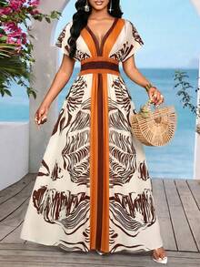 SHEIN Lady White Animal Print Boho Summer Holiday Dresses For Women,Elegant Floral V Neck Vacation Casual Long Dress,Beach Sundresses,Cruise Beachwear Outfits - Multicolor - View 4