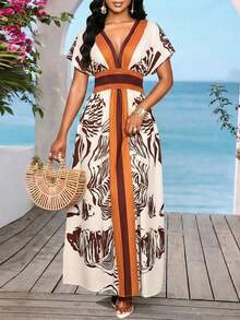 SHEIN Lady White Animal Print Boho Summer Holiday Dresses For Women,Elegant Floral V Neck Vacation Casual Long Dress,Beach Sundresses,Cruise Beachwear Outfits - Multicolor - View 8