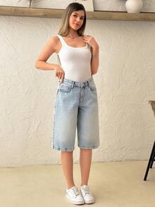 SHEIN Quần jean ngắn nữ cạp thấp màu xanh nhạt, phong cách thường ngày. - Rửa nhẹ - Xem 3
