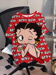 Betty Boop x SHEIN 加大码夏季休闲卡通字母印花短袖T恤 - 白色 - 查看 3