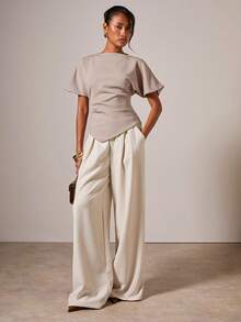 COSMINA Camiseta de mujer de cuello redondo con pliegues elegante, adecuada para todas las estaciones - Caqui - Ver 7