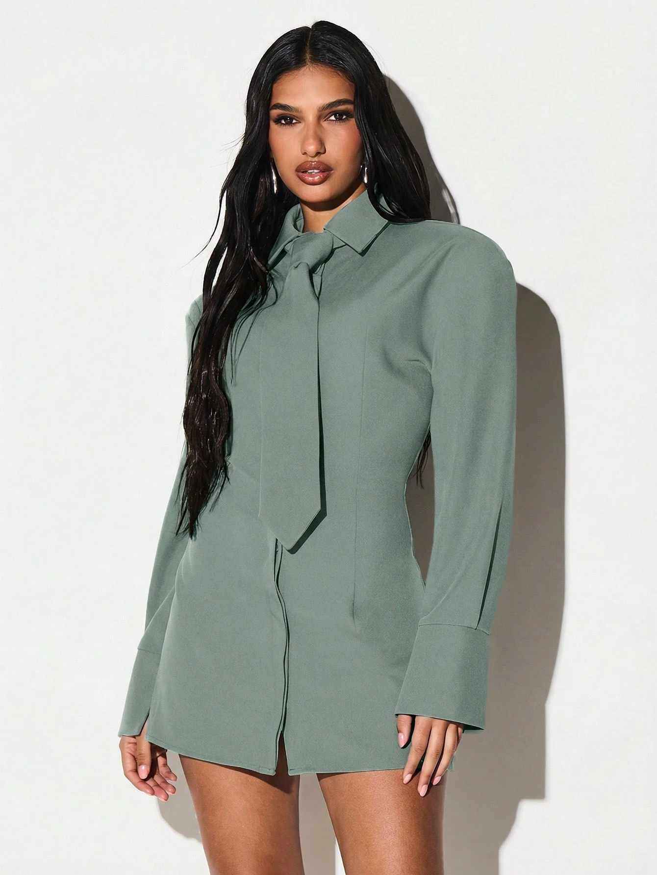 KIZN Shoulder Pad Lace Up Back Shirt Dress With Tie