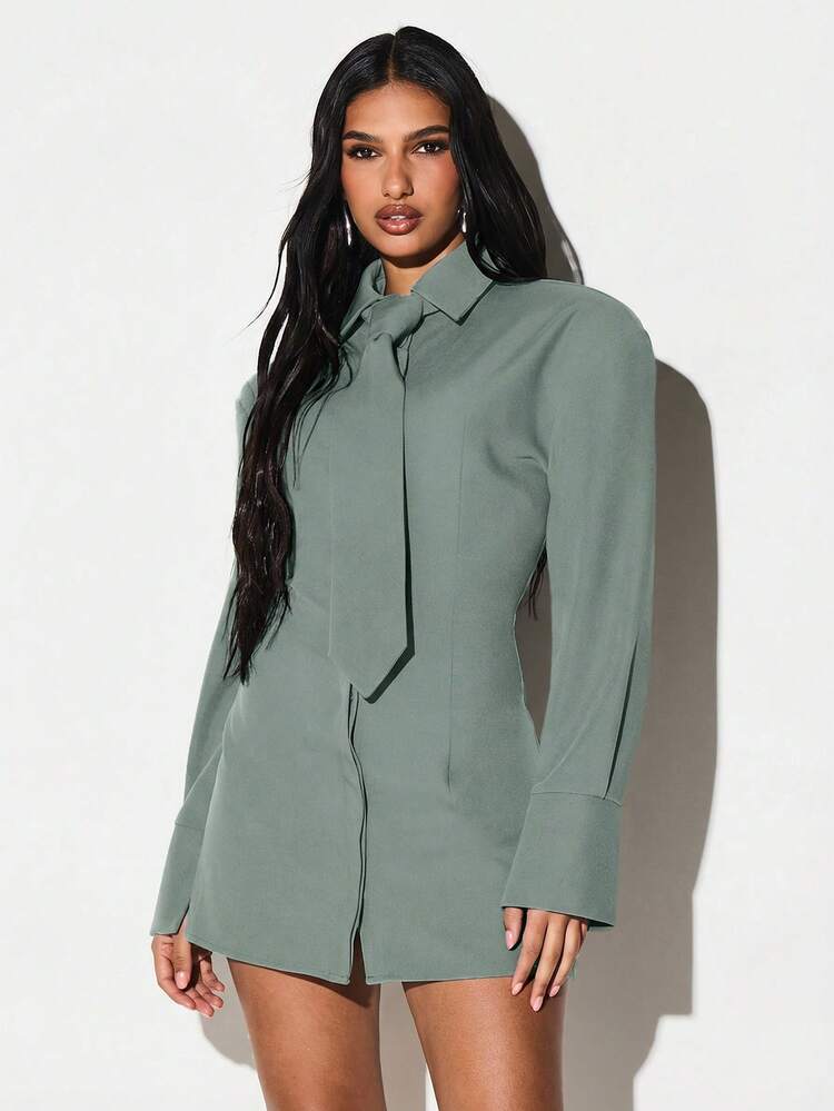 KIZN Shoulder Pad Lace Up Back Shirt Dress With Tie