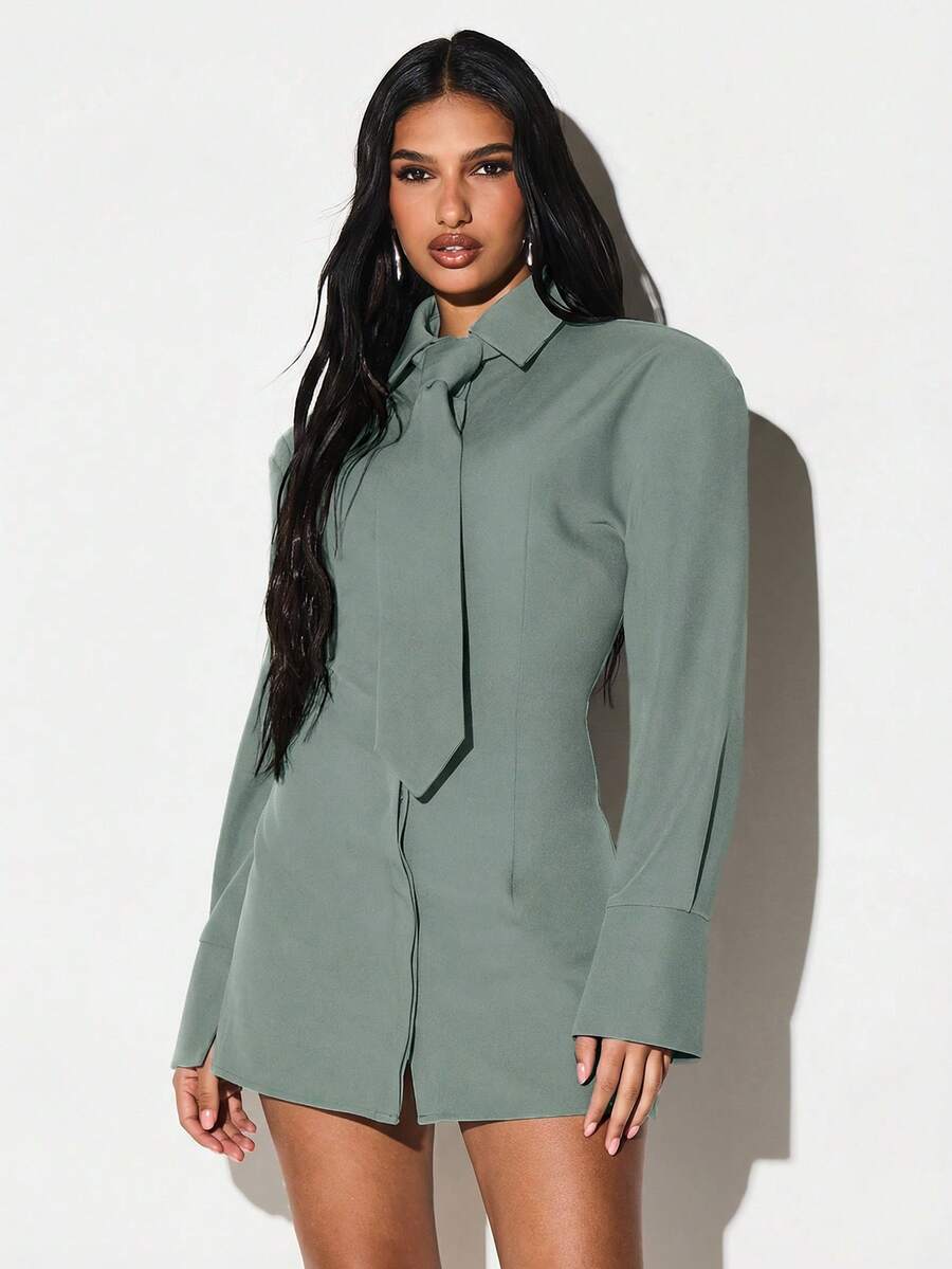 KIZN Robe chemise mini avec épaulettes, laçage dans le dos, détail de nœud, manches longues, col, style décontracté d'affaires pour l'automne et l'hiver - Vert - Voir 1