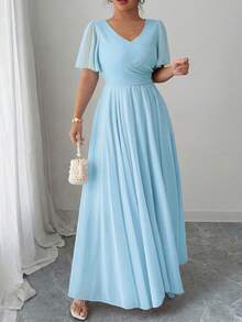 Elenzga Plus Size Women's V-Neck A-Line Chiffon Dress With Ruffle Sleeves, Simple Elegant And Romantic - Blue - View 4
