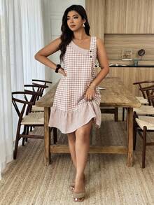 Weeklong Plus Size Women's Asymmetric Placket Button Loose Short Plaid Dress, Casual Vacation Outfit, Spring/Summer - Multicolor - View 3