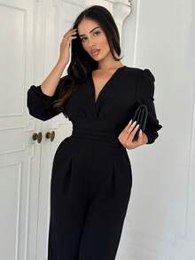 Shopreo Women's V-Neck Pleated Solid Long Sleeve Jumpsuit - Black - View 1