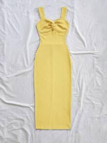 Soleia 女士纯色扭结肩带中长款度假连衣裙 - 黃色 - 查看 4