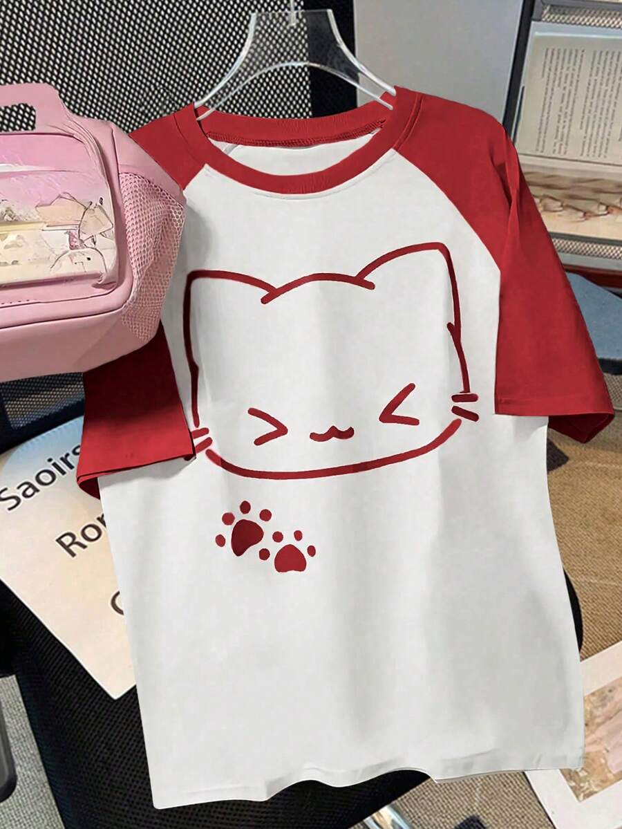EMERY ROSE Camiseta casual de mujer con estampado de gato de dibujos animados y mangas raglán de color contrastante - Rojo - Ver 1