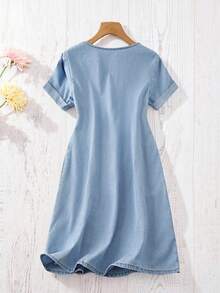 EMERY ROSE Mature Denim Water-Soluble Lace Pocket Patchwork Denim Dress, Wash Beach - Blue - View 2