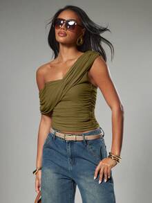 Hauture Blusa casual y sexy de unicolor con un hombro asimétrico y drapeado para mujer - Verde militar - Ver 3