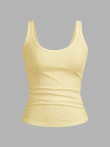 SHEIN PETITE Casual All-Match White Cami Top With Deep U-Neck And Racerback,Summer Top - Light Yellow - View 9