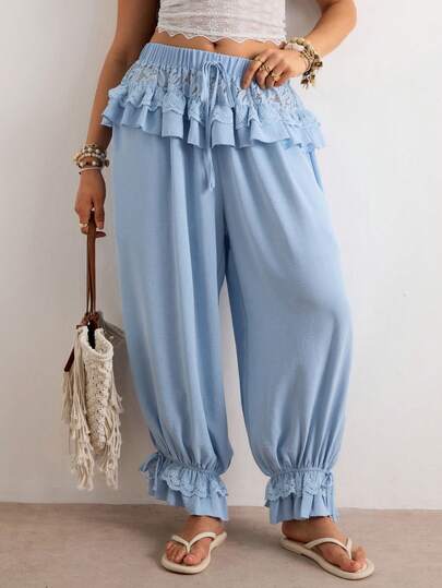 Freevana Quần dài nữ cỡ lớn phối ren, kiểu dáng thường ngày, đa năng, thích hợp mặc hàng ngày.