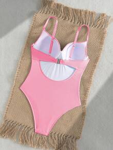 Voyashape 女士夏季度假性感钢圈褶皱纹理面料腰部褶裥修身泳衣，贝壳肩带装饰，连体泳衣 - 粉色 - 查看 6