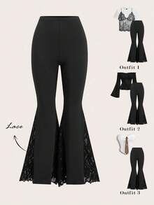 Ellevyn Quần ống loe ren nữ, kiểu dáng thường ngày đa năng, màu đen, quần legging dệt kim co giãn màu đen mùa hè cho nữ, quần ống loe viền ren ở gấu quần, gợi cảm, đa năng và thanh lịch. Quần đen, quần phong cách Gothic, quần ống loe nữ, quần legging ống loe nữ. - màu đen - Xem 1