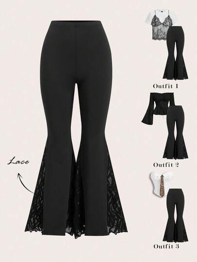 Ellevyn Quần ống loe ren nữ, kiểu dáng thường ngày đa năng, màu đen, quần legging dệt kim co giãn màu đen mùa hè cho nữ, quần ống loe viền ren ở gấu quần, gợi cảm, đa năng và thanh lịch. Quần đen, quần phong cách Gothic, quần ống loe nữ, quần legging ống loe nữ.