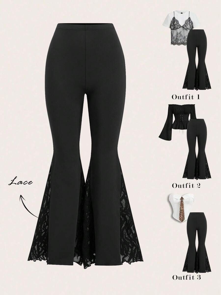 Ellevyn Quần ống loe ren nữ, kiểu dáng thường ngày đa năng, màu đen, quần legging dệt kim co giãn màu đen mùa hè cho nữ, quần ống loe viền ren ở gấu quần, gợi cảm, đa năng và thanh lịch. Quần đen, quần phong cách Gothic, quần ống loe nữ, quần legging ống loe nữ. - màu đen - Xem 1