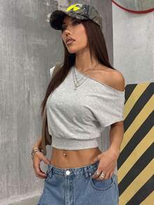 SHEIN PETITE Áo thun nữ ôm sát, gợi cảm, cá tính với thiết kế vai bất đối xứng. - Màu Xám nhạt - Xem 6