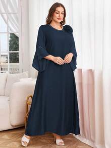 SHEIN Lacomfia Đầm chiffon màu trơn phối họa tiết dành cho nữ cỡ lớn, kiểu dáng kín đáo, thường ngày. - Màu xanh hải quân - Xem 5
