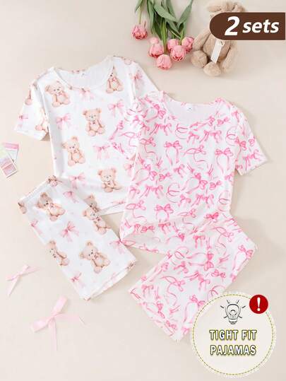 4pcs/Set Girls Cute & Elegant Casual Comfortable Daily Wear Pink Bow & Beige Teddy Bear Cartoon Print Tight Crew Neck Short Sleeve Top With Shorts Pajama Set