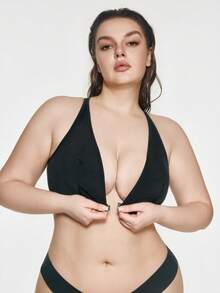 SHAPORA 1pc Black Plus Size Wireless Front-Closure Triangle Cup Bra, Lift And Support For Large Bust - Black - View 2