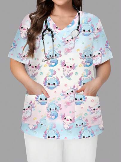 PopScrub Plus Size Women's Blue V-Neck Short Sleeve Double Pocket Cute Ocean Cartoon Creature Print Nurse Doctor Work Uniform Top, Solid Color Pet Grooming Nutritionist Lab Work Clothes, Plus Size Multi-Pocket Functional Work Wear, Plus Size Functional Women's Holiday Outfit, Adorable & Joyful