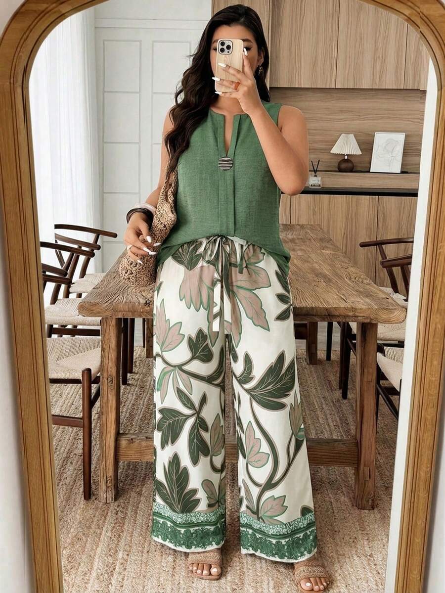 Weeklong Conjunto informal de 2 piezas con estampado floral y decoración de botones para mujer talla grande, primavera/verano - Multicolor - Ver 1