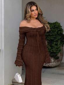 Maria Perezxox Ținută pentru pauza de ceai, rochie maxi dulce și elegantă, rochie cu mânecă lungă, fără umeri, ținută de întâlnire, rochie florală 3D - cafea maro - Vizualizare 4