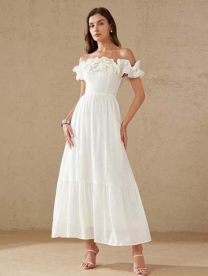 Aveloria Rosie White Solid Color Luxury Elegant Textured Pleated Vertical Stripe Material Off-Shoulder Layered Ruffled Hem Decor Design Cinched Waist Maxi Flared Dress, Versatile For Vacation And Party Wear