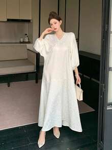 DAZY Đầm dài thanh lịch cổ chữ V tay phồng chất liệu jacquard dành cho nữ - Màu be - Xem 6