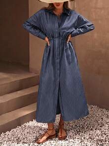 EURMUSE Casual Style Effortless, Linen Look Button Through And Drawstring Belt Detailed Maxi Shirt Dress - Navy Blue - View 5