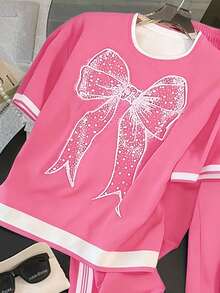 SHEIN Franclia Camiseta de manga corta con cuello redondo de ajuste regular + Pantalones de pierna recta con bolsillos en diagonal - Rosa - Ver 4