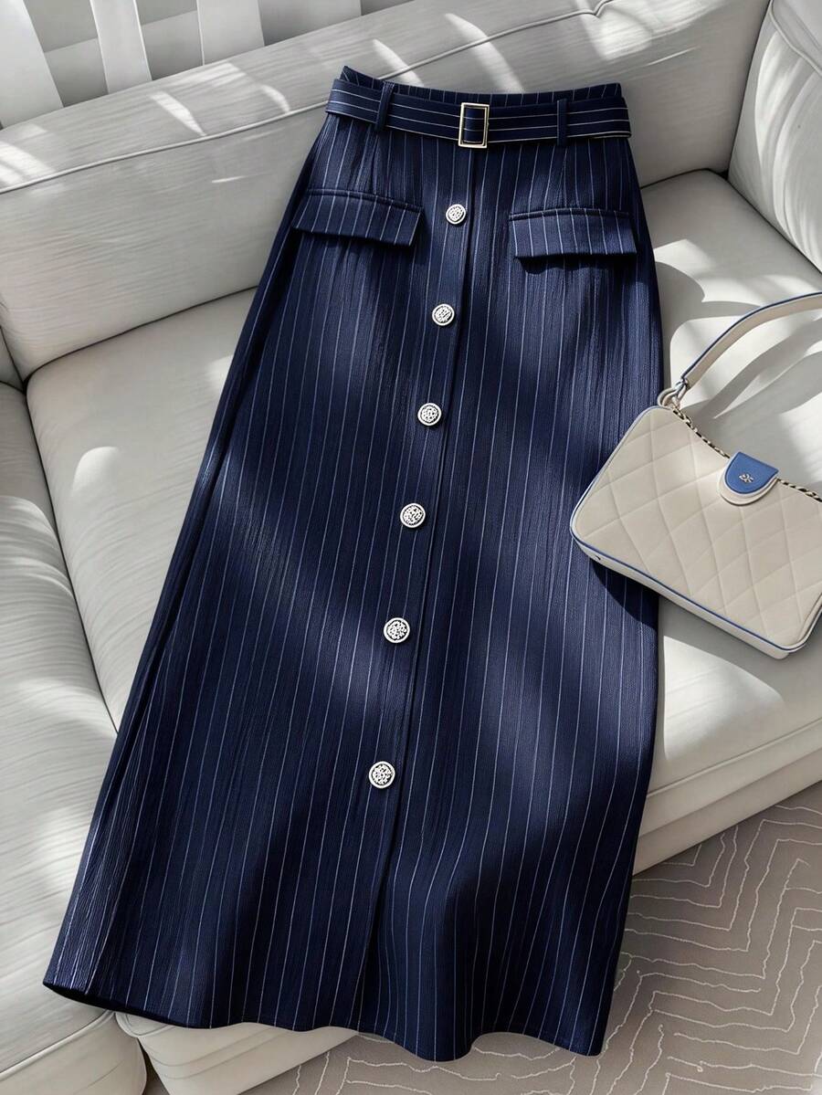 GlowEve CURVE Casual Plus Size Geometric Pattern Navy Blue Woven Fabric Long Skirt A Line With Pockets And Belt Details Fall - Navy Blue - View 1
