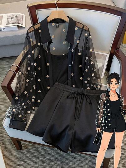 GlowEve CURVE 大码女式透视刺绣镂空衬衫、纯色吊带背心和短裤三件套，优雅清新，夏季必备