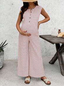 SHEIN Sommer Outfits, Umstandsmode, Umstandsoverall, lässiger gestreifter ärmelloser Umstandsoverall, rot-weiß farblich abgesetzter lässiger, locker sitzender Umstandsoverall, gestreifter Jumpsuit zum Stillen, lässiger Jumpsuit Sommer Jumpsuit Sommer Outfits für Frauen, Umstandsmode Sommer Outfits, Umstandssommerkleid, lässige Umstandskleider - Rot - Übersicht 5