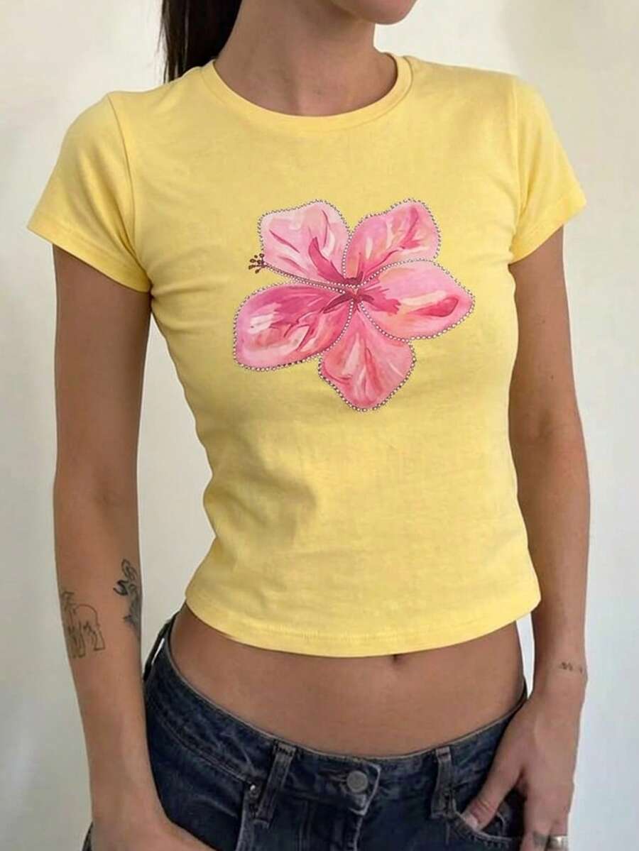 2026 Women's Crew Neck Floral Print Fitted T-Shirt - Yellow - View 1