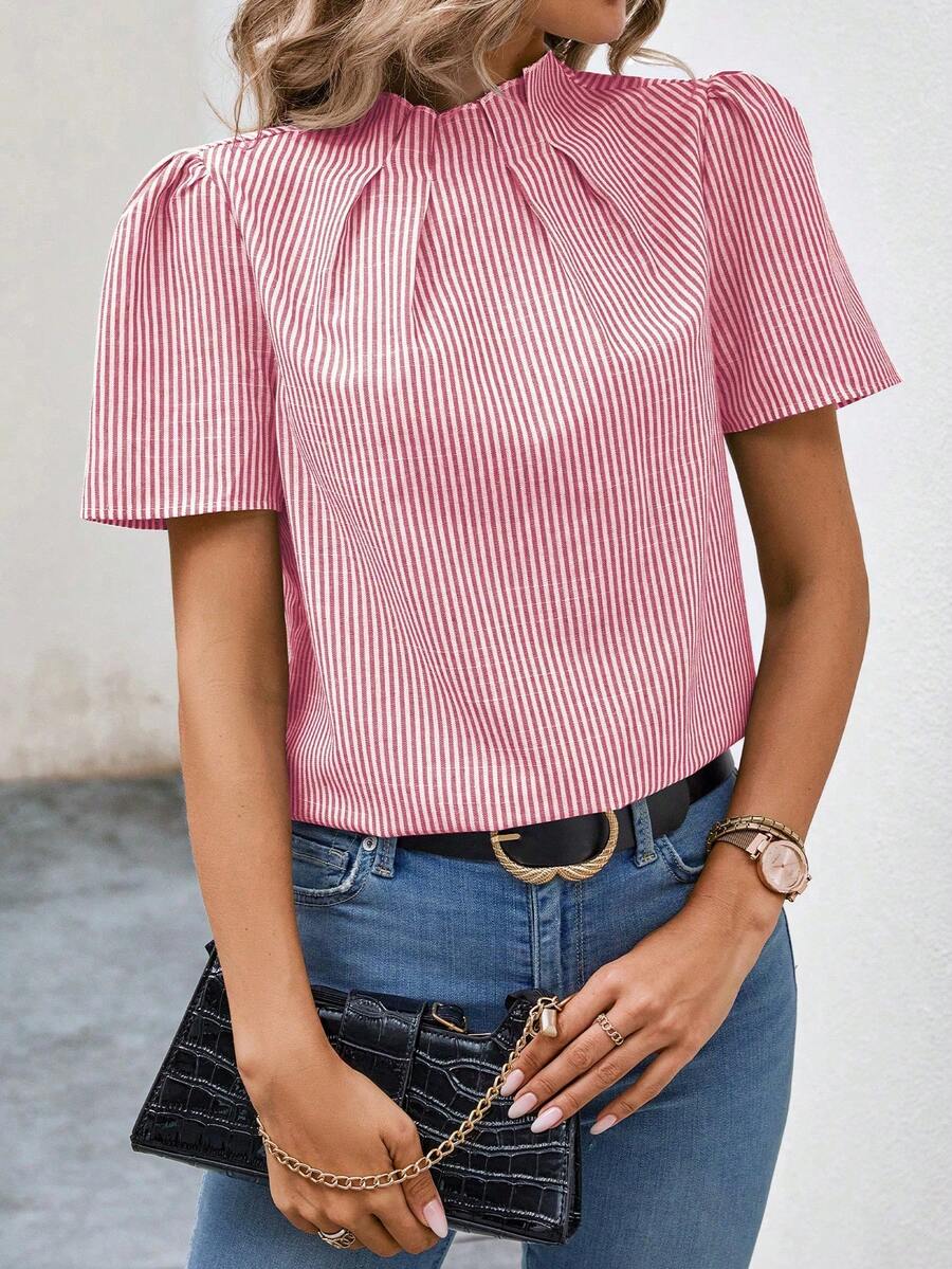 SHEIN 女士条纹立领短花瓣袖休闲衬衫 - 紅白色 - 查看 1