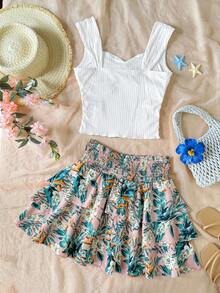SHEIN Bộ đồ dành cho nữ tuổi teen, thích hợp cho kỳ nghỉ xuân/hè, du lịch biển, nghỉ dưỡng. Áo thun cổ vuông xoắn phía trước ôm sát, chân váy chữ A xòe rộng xếp lớp, phù hợp cho hẹn hò, đi biển, du lịch. - trắng - Xem 2
