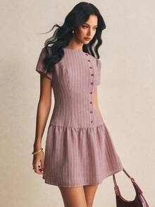 Poéselle Đầm ngắn tay cánh hoa kẻ sọc cài cúc dành cho nữ, kiểu dáng thường ngày. - Nhiều màu - Xem 7