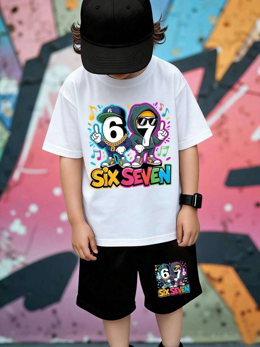 2pcs/Set Tween Boys' Casual Creative Graphic Tee And Shorts Outfit, Comfortable Daily Wear For Spring, Summer & Autumn - Multicolor - View 1